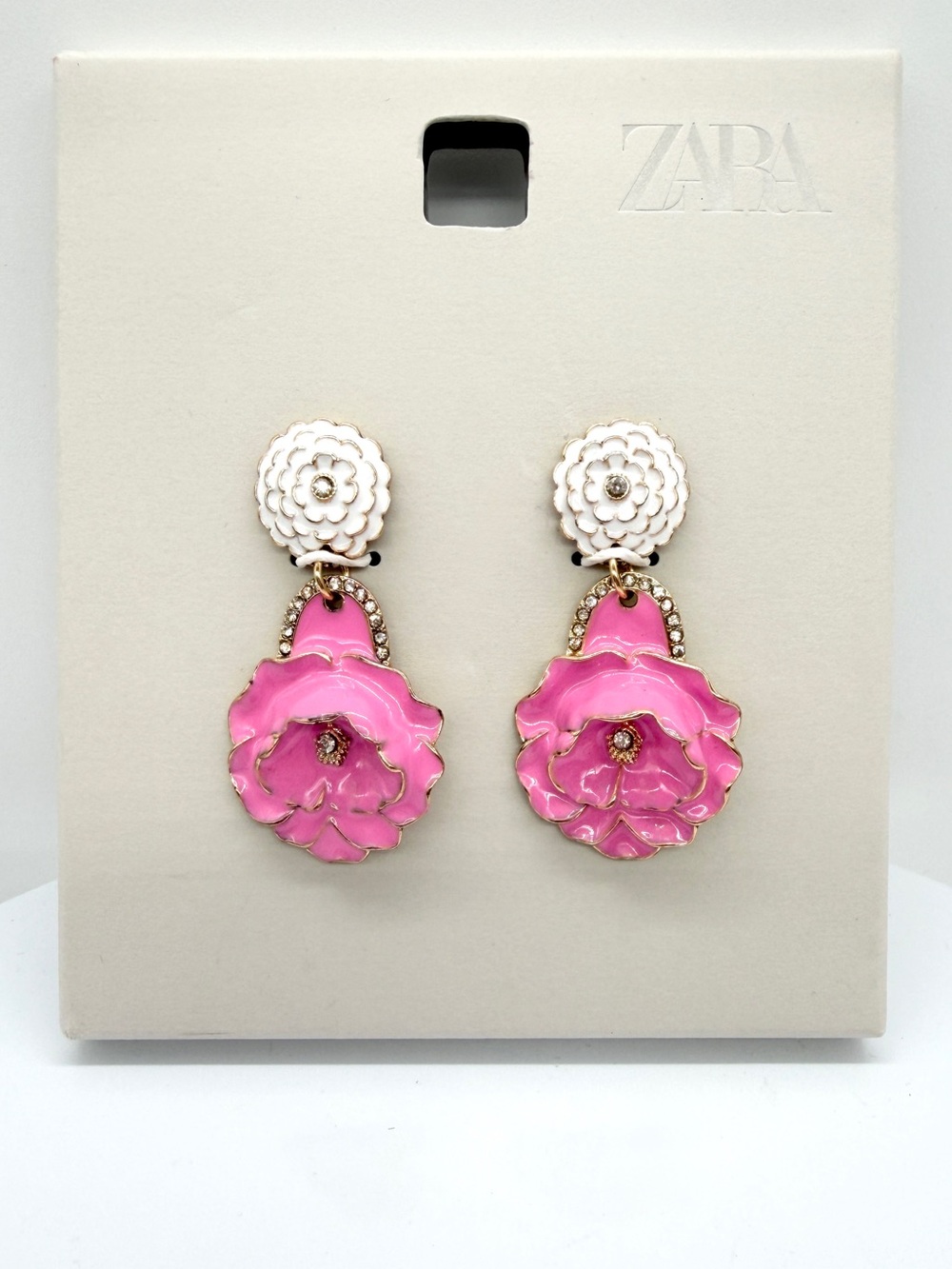 ZARA Floral & Rhinestone Earrings Pink White